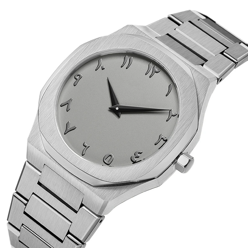 Private Label OEM Custom Logo Arabic Dial Casual Ultra Thin Gray Fashion Wrist Stainless Steel Luxury Quartz Watch For Men