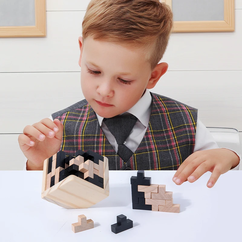 Montessori education 3D wooden block jigsaw puzzle Luban cubes toy kids brain teaser intellect toys