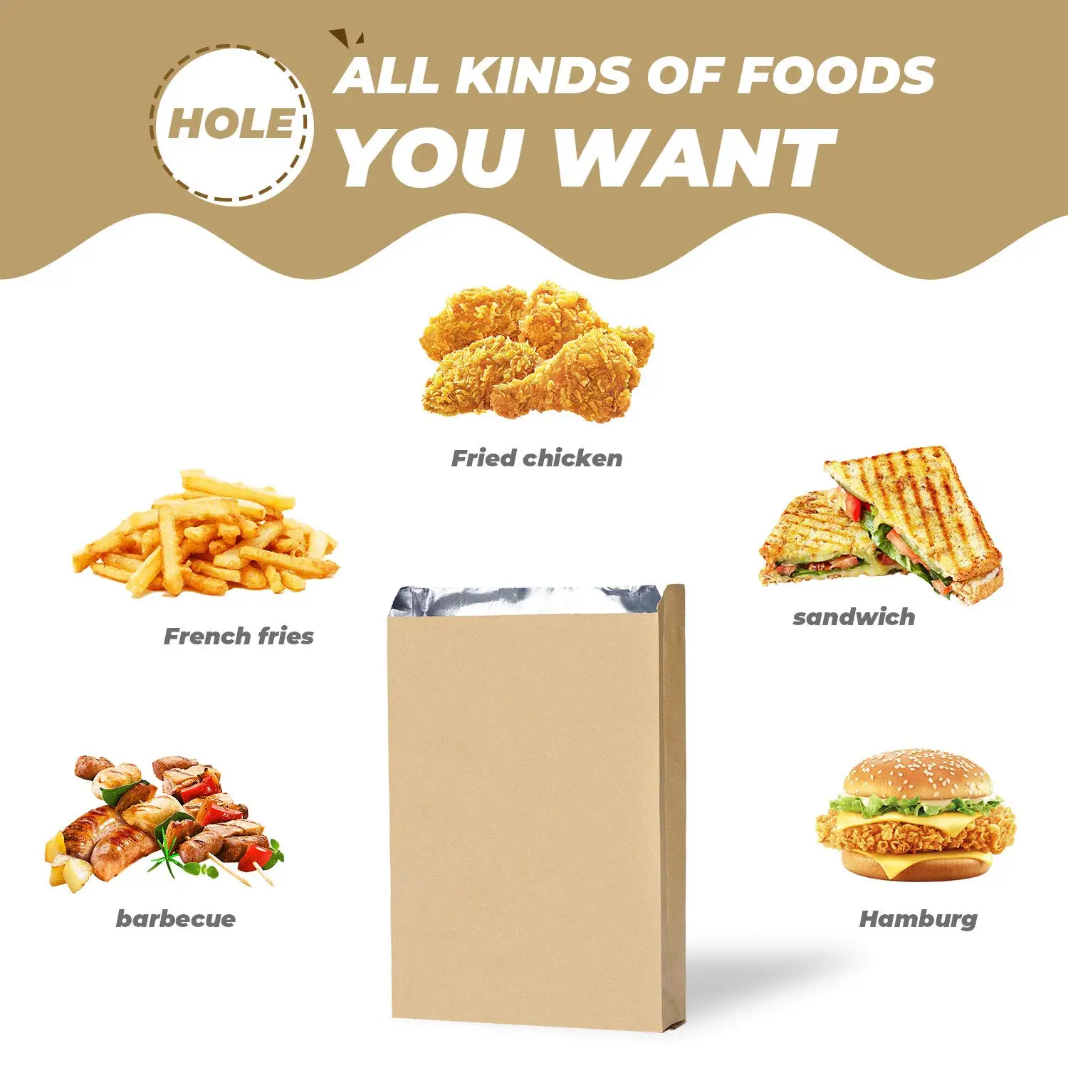 Greaseproof Takeaway Packaging Barbecue Fried Chicken Bbq Hot Dog Fast Food Grade Aluminium Foil Lined Kraft Paper Bags