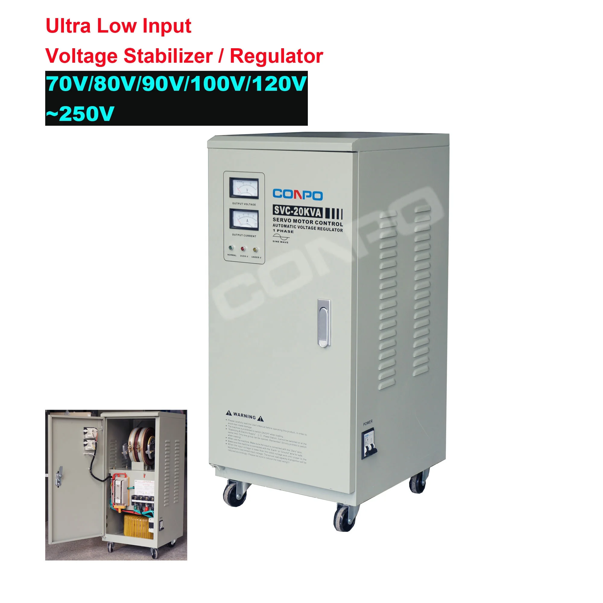 70V/80V/90V/100V/120V~250V Ultra Low Input Automatic Voltage Stabilizer / regulator SVC-30KVA, Estabilizador de voltaje