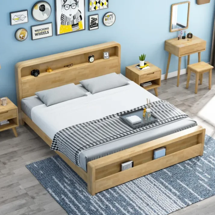 Modern style Nordic minimalist light luxury bed frame with storage bookcase headboard wooden beds