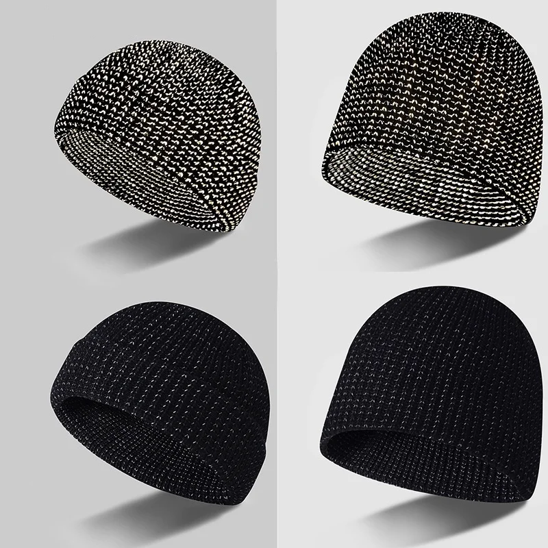 HZM-60960 Winter Beanie Hat for Men Reflective Yarn Knit Skull Cap Soft & Warm Fold-Up Cuff Daily Beanie Caps