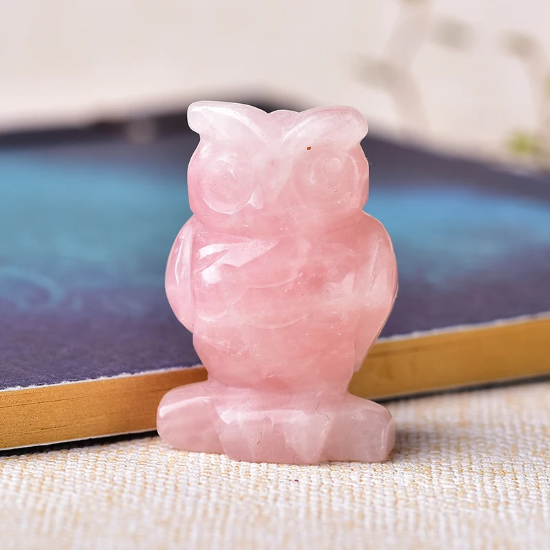 Natural Crystal Carved Animal Crystal Crafts Rose Quartz Owl For Home Decoration