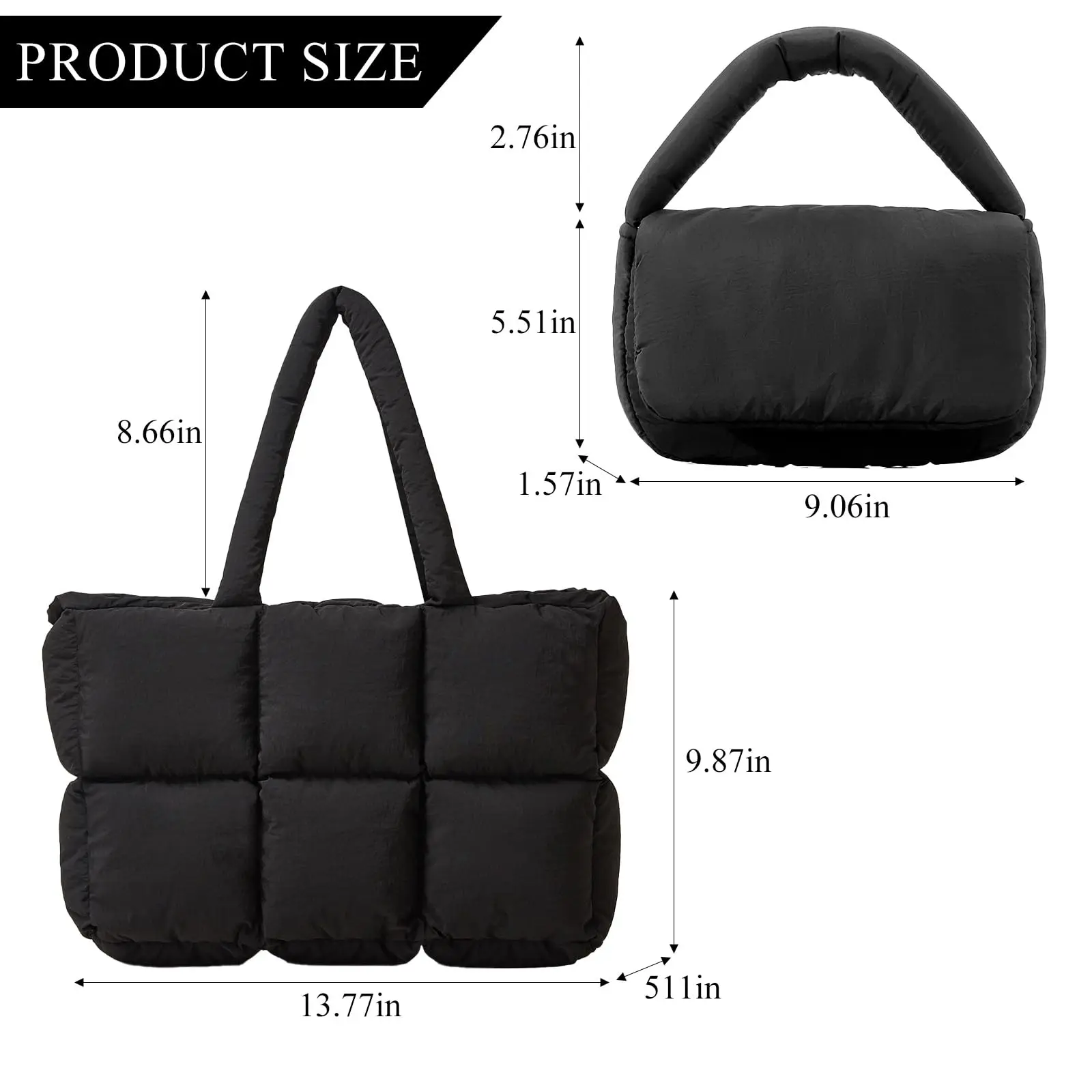 Custom Black Nylon Puffer Tote bag Padded quilted Casual  Puffy Handbag large carryall Bucket Bag For Women