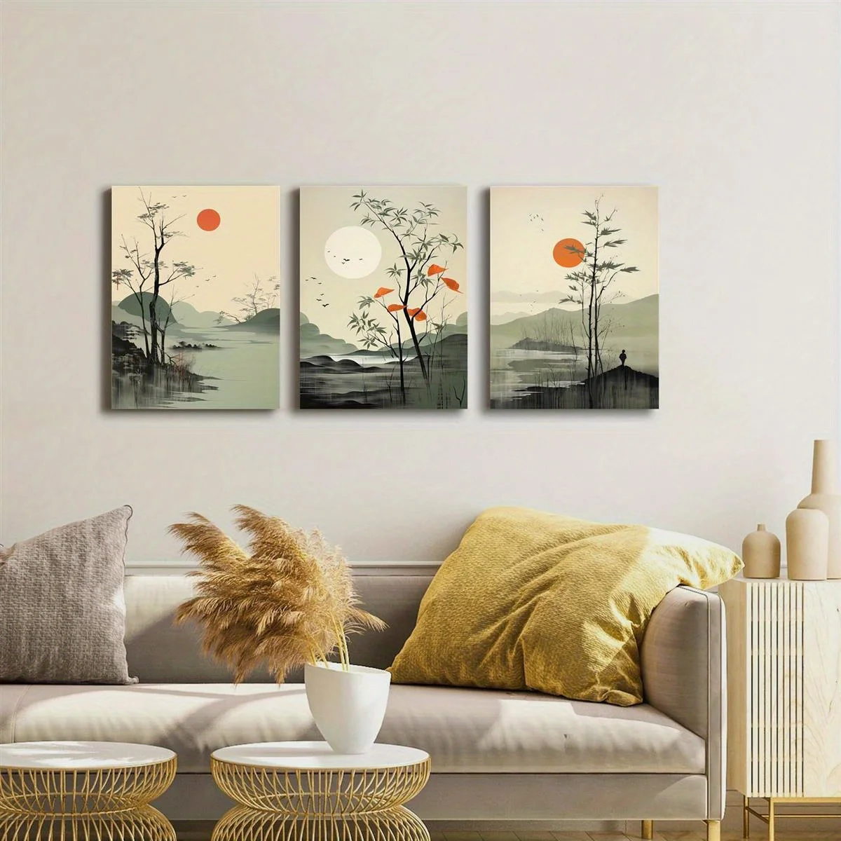 3 Piece Canvas Wall Art Set Art Decor Modern Classic Style Ink Landscape Painting Prints Canvas Pine Frame
