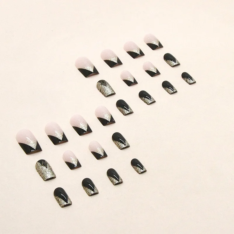 Black Gold Long Square Fakes Nails Designs Acrylic Glossy Nails Press On With Sequins