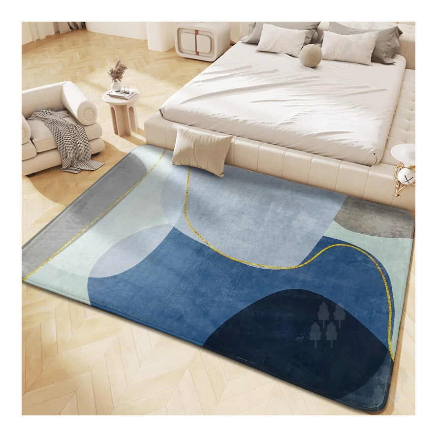 Modern Blue and Gold Stripe Printing Abstract Carpet Mat for Living Room