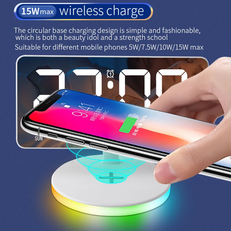 Three levels of digits brightness display on the screen multi-functional wireless charger alarm clock speaker