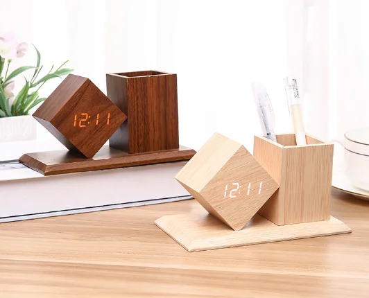 New wooden LED time display temperature display LED voice controlled alarm clock with pen holder