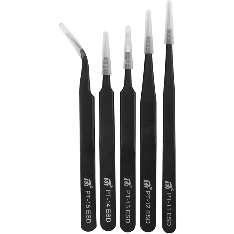 Industrial Grade Black Esd Stainless Steel Antistatic Tweezers For Electronics Pcb And Mobile Phone Maintenance