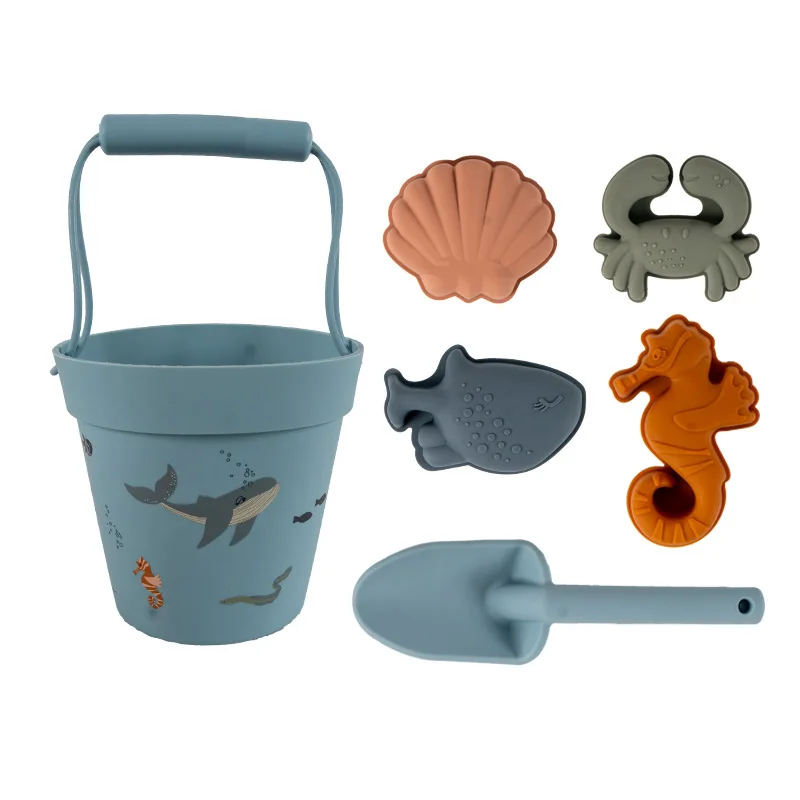 MU Eco Friendly Silicone Beach Sand Toys Bucket Set With Sea Animal Molds And Spade For Kids Funny