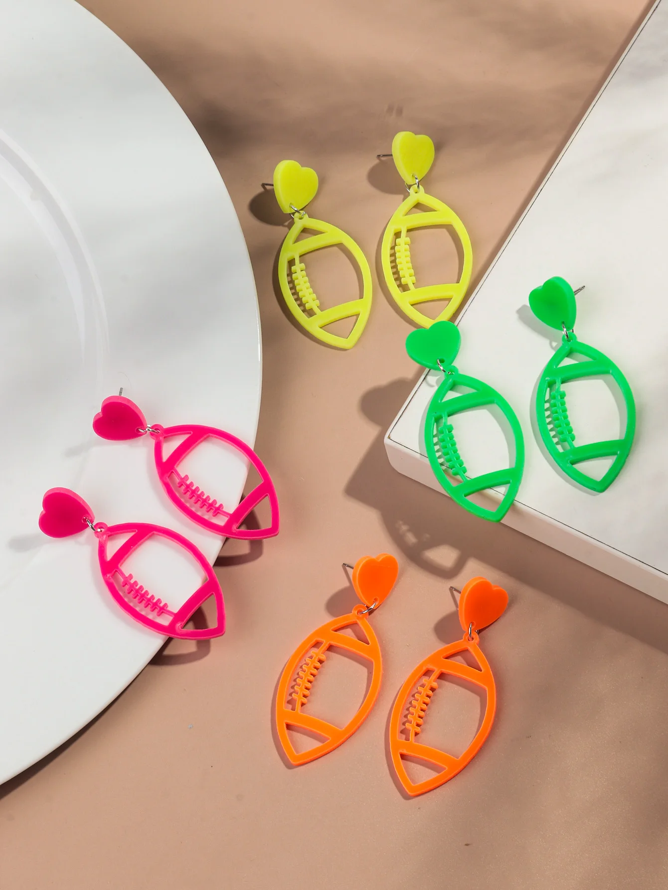 Casual 2024 Sports American Football Resin Earrings Colorful Heart Neon Hollow Pendant Rugby Acrylic Drop Earrings for Girls