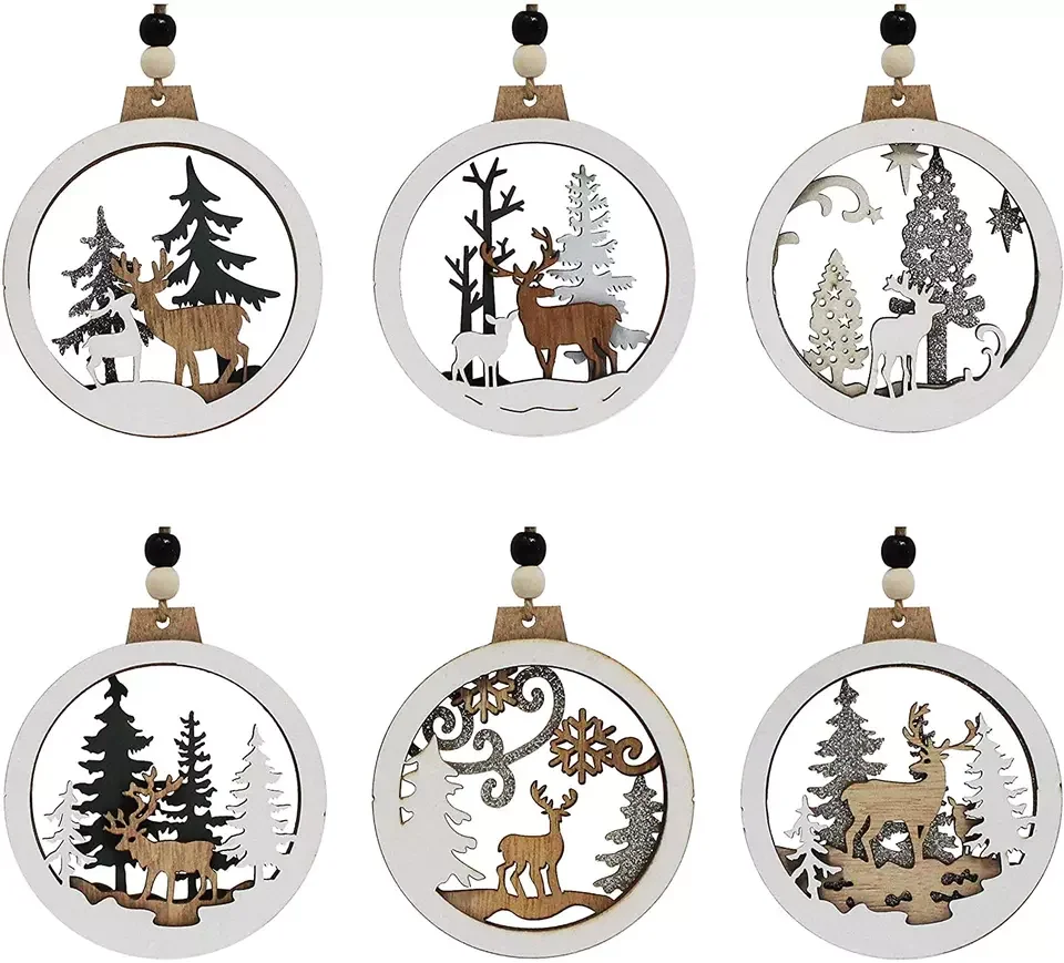 Laser Cutting Farmhouse Rustic Decoration Hollow Fretwork Hanging Wooden Ornaments Tree Christmas Decoration