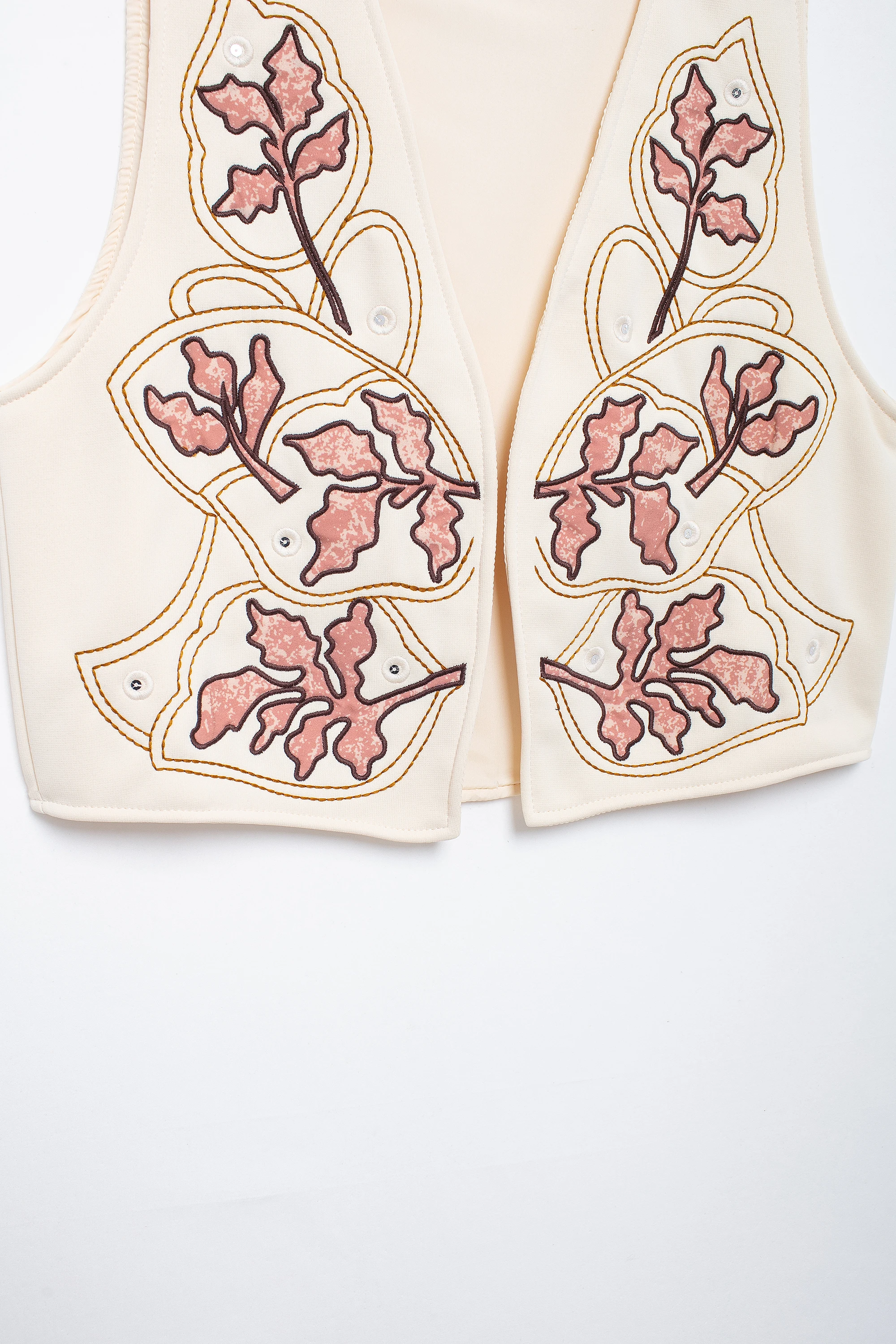 V neck floral embroidery beige color casual fashion vest waistcoat for women