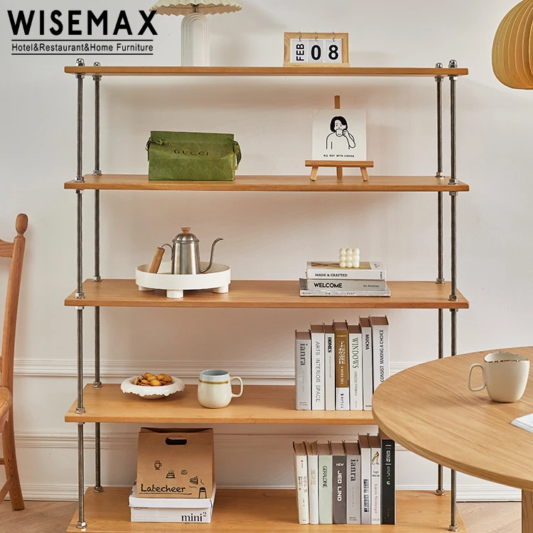 WISEMAX FURNITURE Modern Living Room Furniture Tall Metal Frame Ash Wood Board 5 Layers Shelf Cabinet for Bedroom