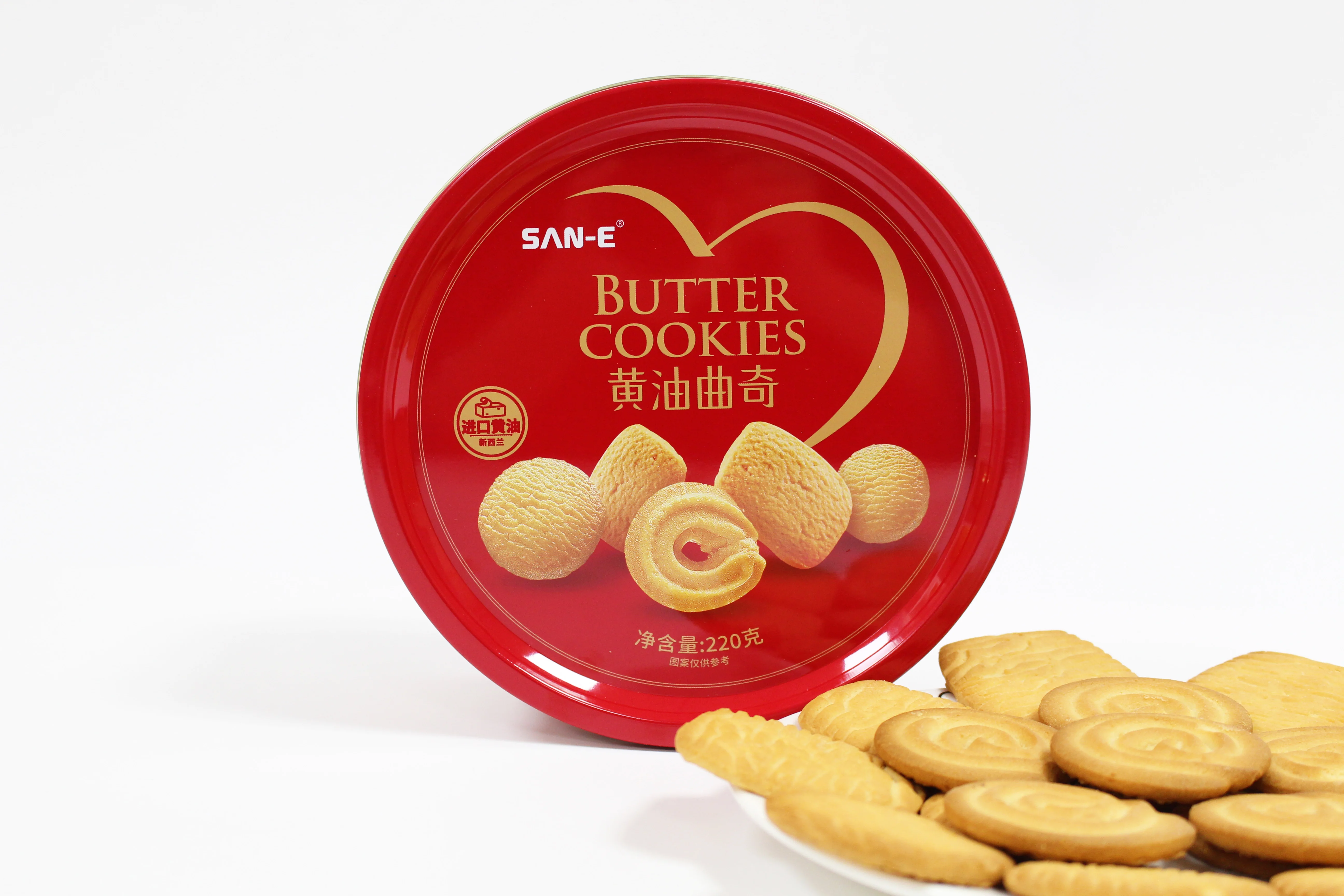 Wholesale 220g butter crackers snacks sweet crispy cookies and biscuits cookies tin can packaging for Party