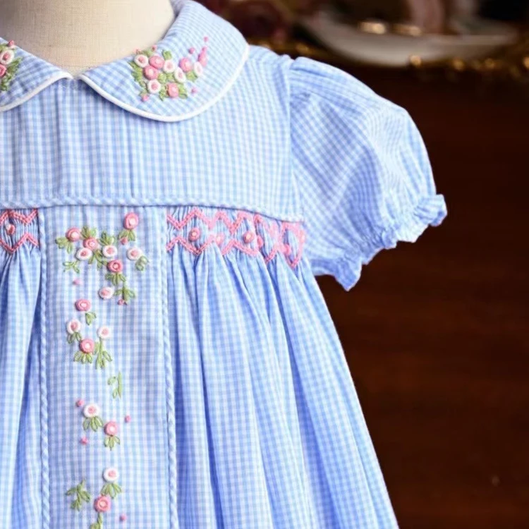 Organic Cotton Embroidery 2-12 Children Clothing Short Sleeve Skirt Plaid Pattern Princess Summer Kids Flower Girl Dresses