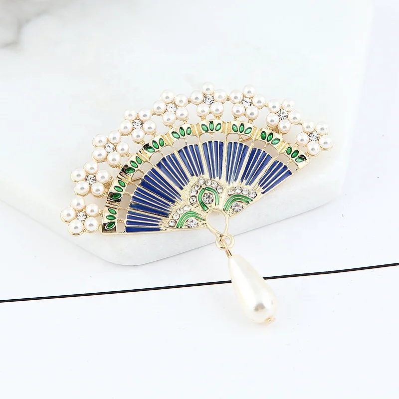 2024 New Luxury Fan Brooch Enamel Epoxy Pearl Rhinestone Cute Brooch Pin For Women Girl Luxury Jewelry Wholesale