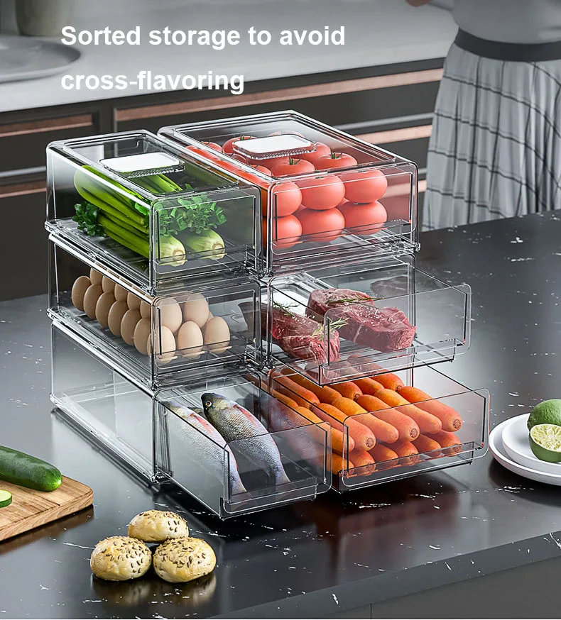 Egg Tray Fridge Organizer Clear Drawer Multi-layer Food Fruit Vegetable PET Stackable Freezer Organizer Multifunction Modern