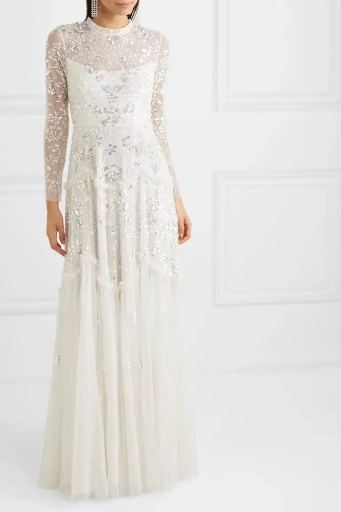 OEM White Wedding Dress Bridal Fashion Ruffled sequin-embellished tulle Gown Elegant Evening Dress