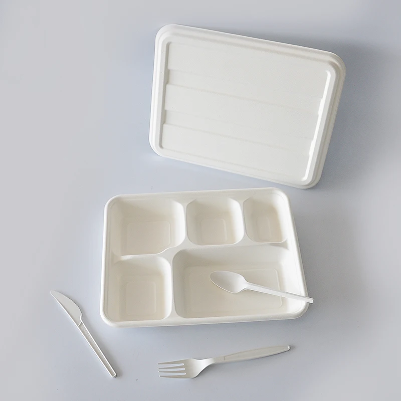
Cheap factory price Hot Selling 5 Compartment 100% Biodegradable Sugarcane Bagasse Paper and Plastic Cup Alternative lunch box 