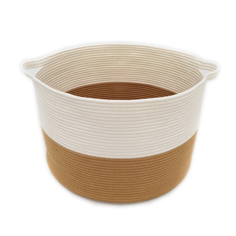 Dirty clothes basket free sample  jute yellow color round cotton woven storage basket for bedding room with  elegant handles
