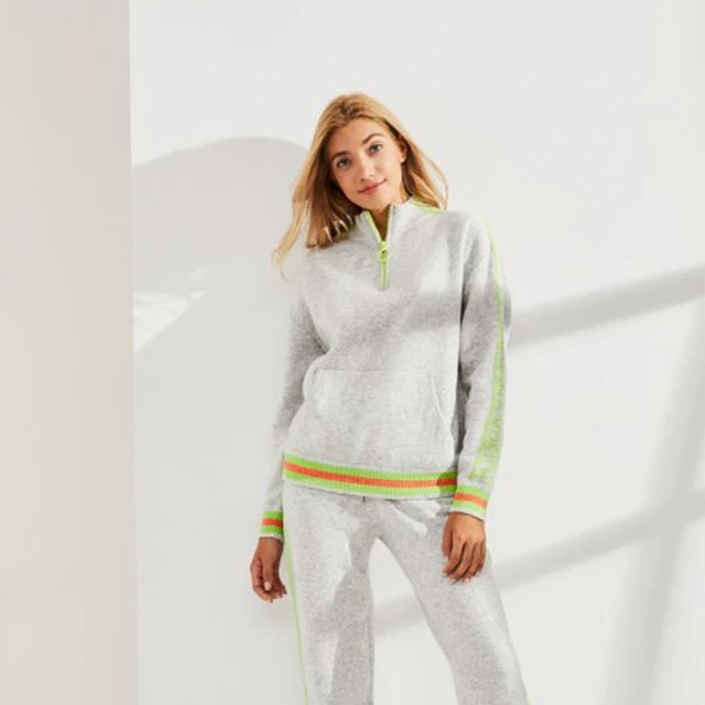 Customizable zipper stand collar sweater suit women autumn and winter thickening sports casual style contrast sweater suit