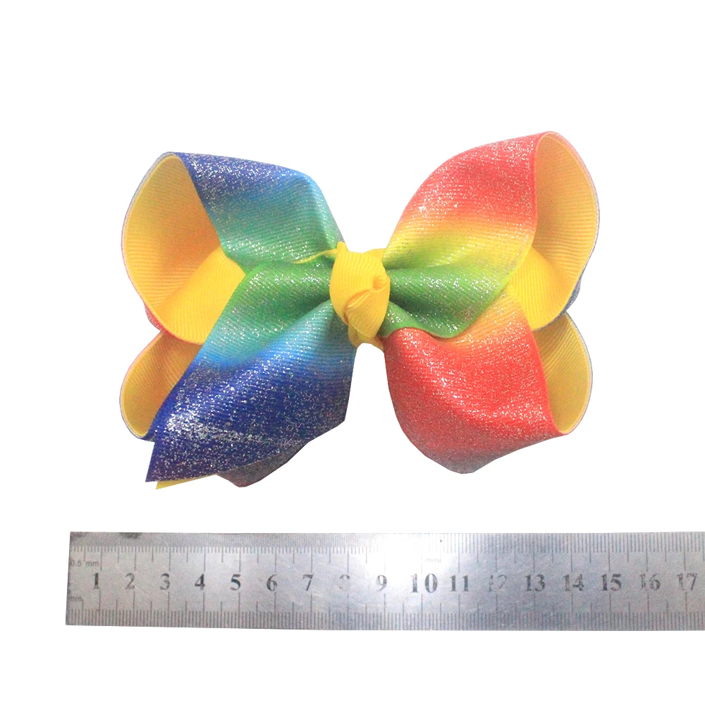 Large size handmade rainbow colors hair bows sequin leather ribbon  with alligator hair clip