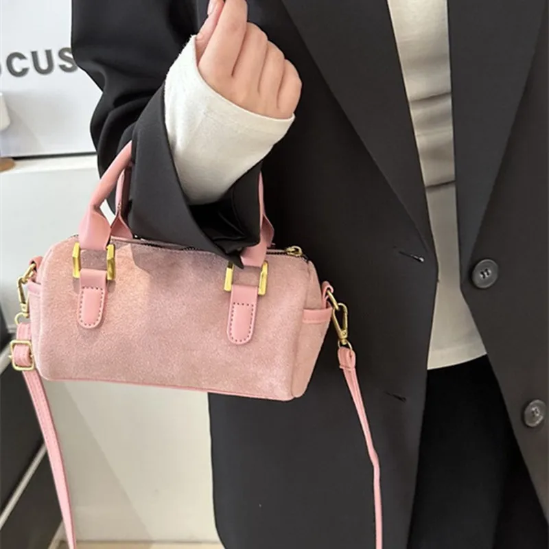2024 Spring New Fashion Simple Wool Crossbody Bag Women Retro Vintage Style Hand Cylinder Shoulder Bag Lock Summer