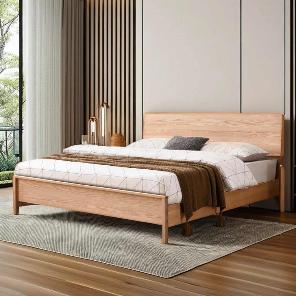 Nordic Modern Minimalist Solid Ash Wood Bed Frame Queen Size with Storage Japanese Style Log Double Bed for Home Furniture Set