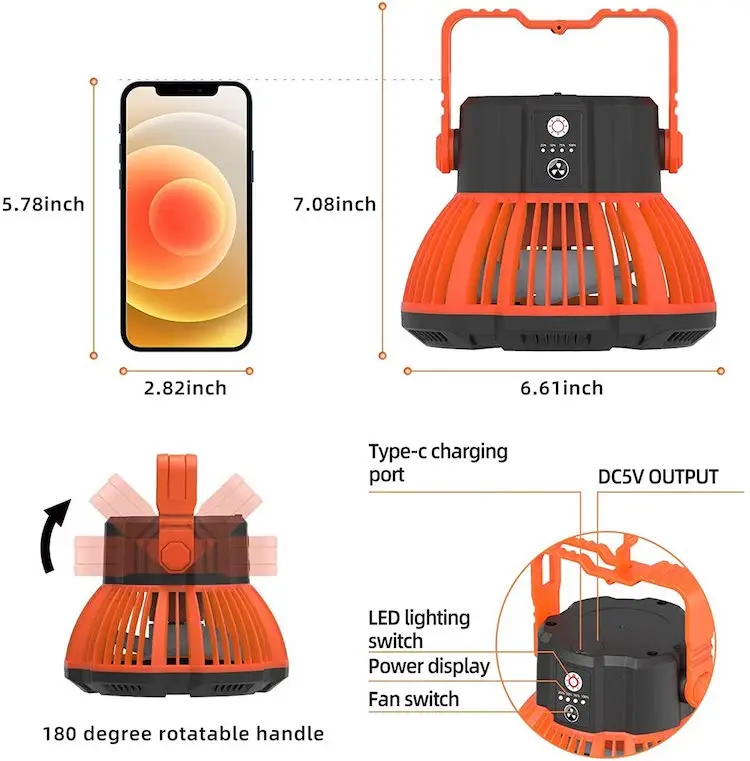 SRL Camping Fan with LED Lamp Portable Cooling Tent Fan 5200mAh Adjustable Quiet USB Rechargeable Lightweight Camping light fan