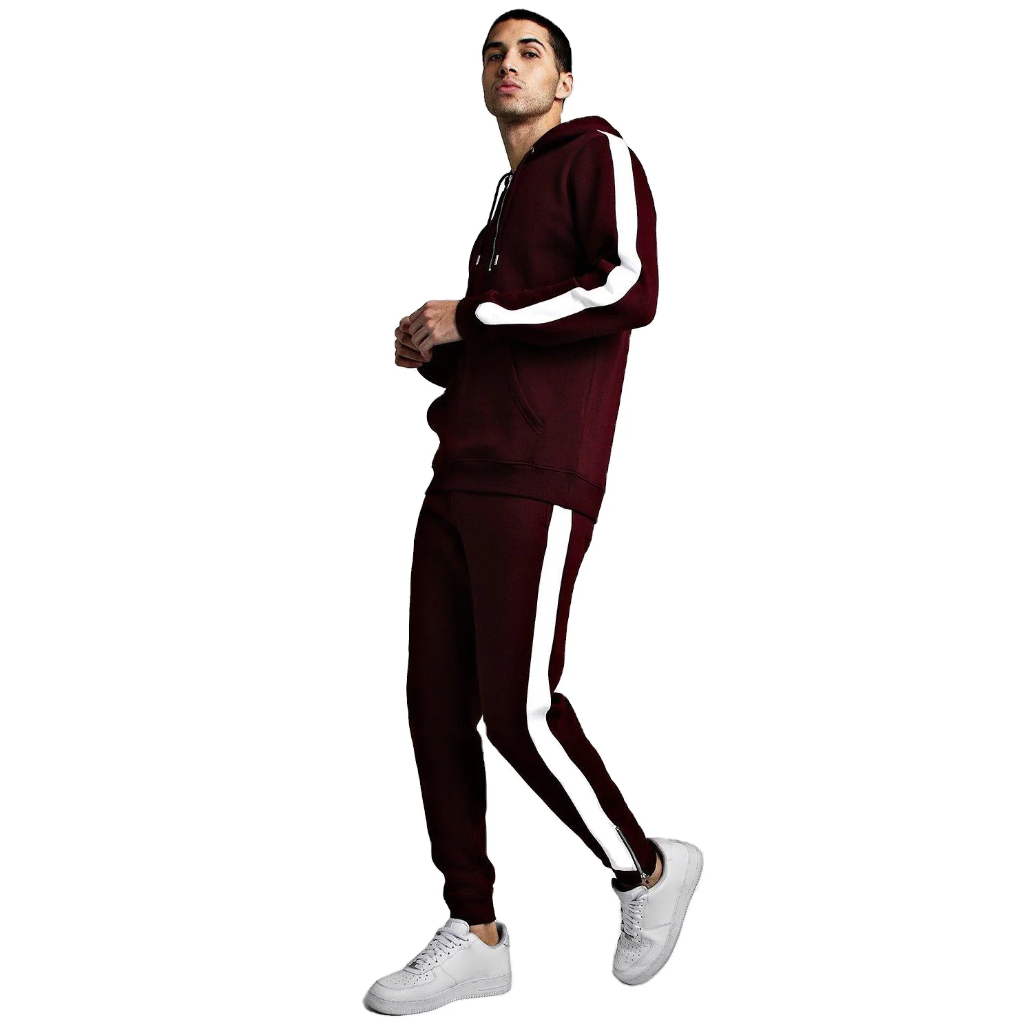 Latest Design Men Burgundy Sweatsuit Half Zipper Hooded Running Tracksuit With Side Panels 2 Piece Sets Tracksuit