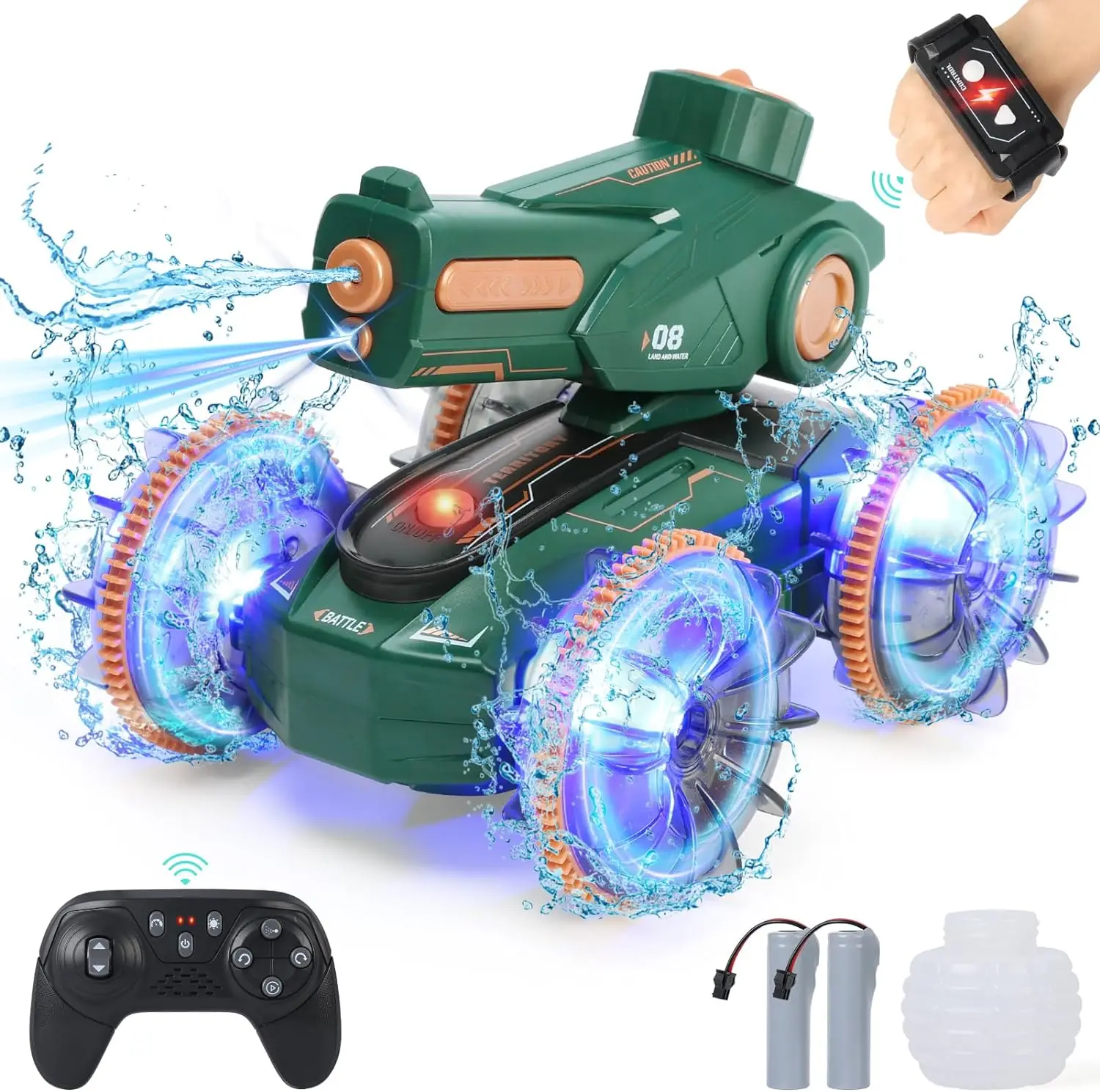 2024 Innovative Trends 2.4ghz 4wd Dual Control 3in1amphibious Remote Control Car Tank Toy Water Squirt Rc Stunt Car With Lights