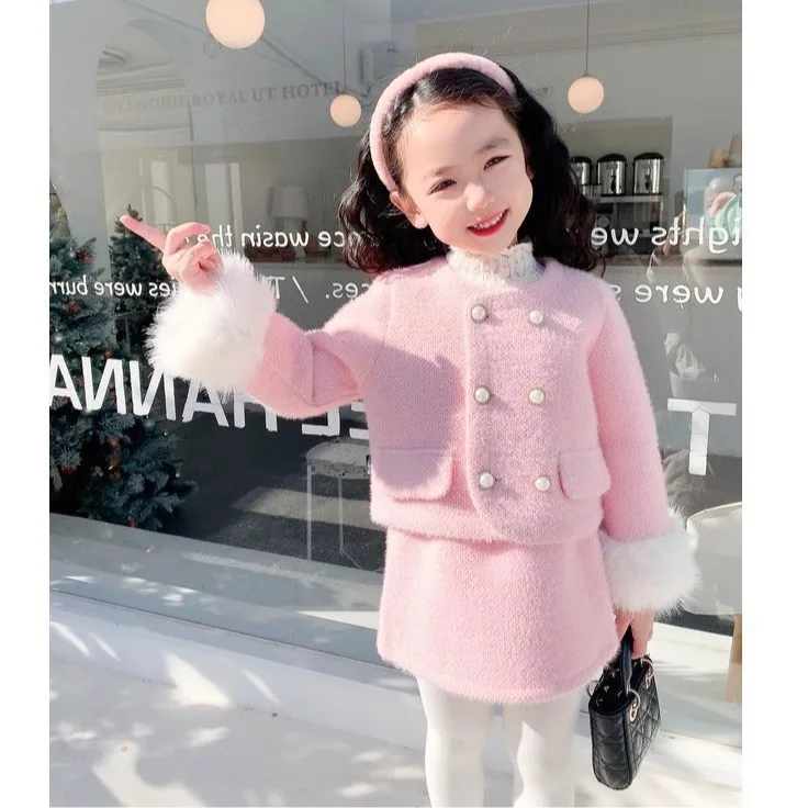 New year style warm kids clothing padded jacket and short skirt for girls fashion Korean 3-8 years old girls dress set