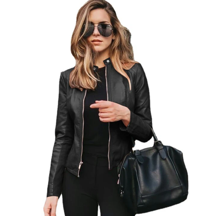 Slim Fit Faux Leather Jackets Women Classic Moto Biker PU Leather Jackets Spring Autumn Basic Zipper Coat Outerwear