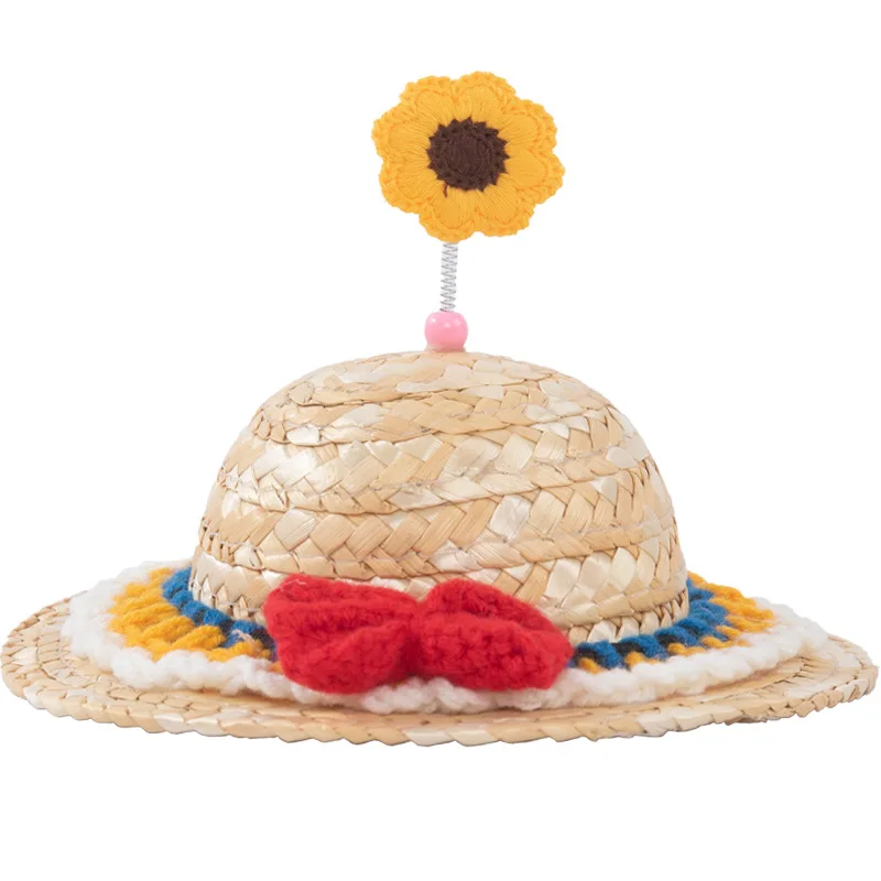 Dog Bucket Hat for Pet Protective Cats Hat Handwoven Straw Cap with Bamboo-Dragonfly for Small Pet Female Costume Accessories