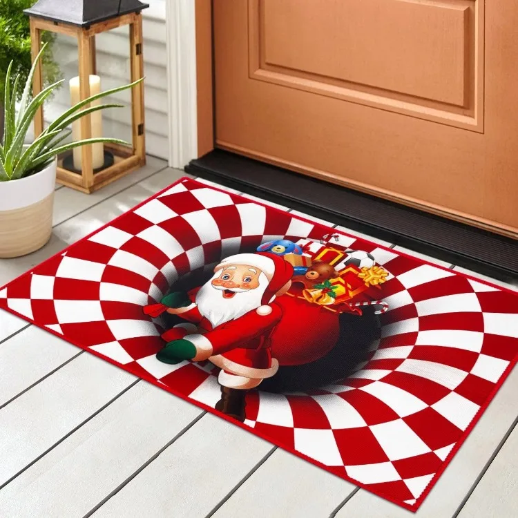 Christmas Door Mat Xmas Santa Claus with Gifts 3D Visual Vortex Rug for Christmas Non-Slip Welcome Entrance Door Mat