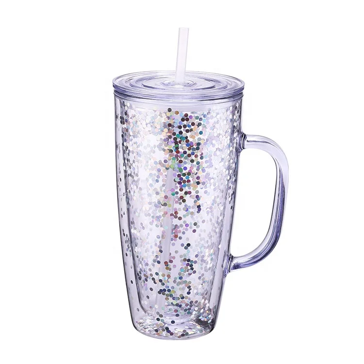 Most popular products Direct factory wholesale 24oz glitter plastic double wall acrylic glitter tumbler with handle straw