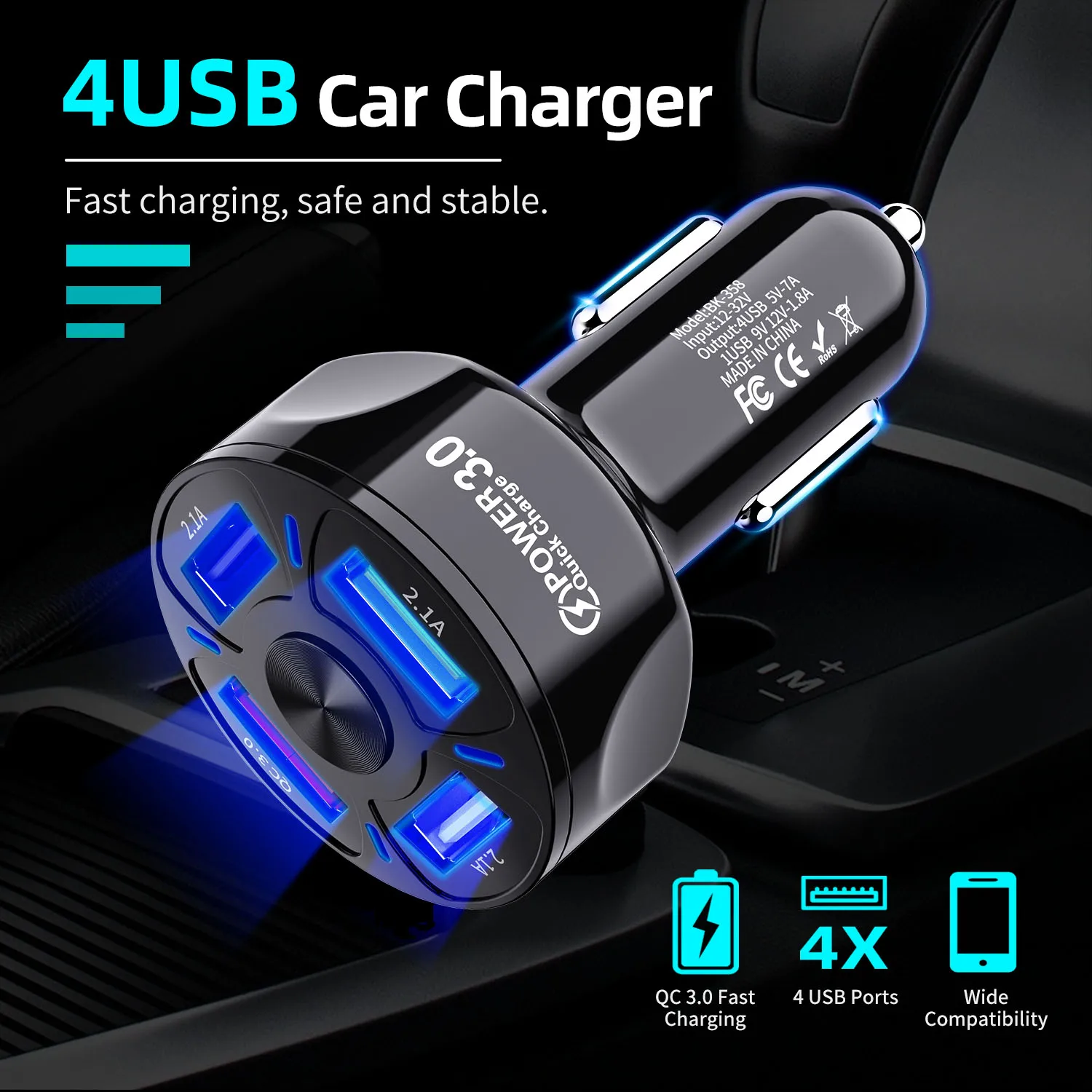  Автомобильное зарядное устройство USLION QC3.0 5 В 7 А 4 USB-порта автомобильное для телефона 48 Вт Электрический автомобильный адаптер с синей подсветкой