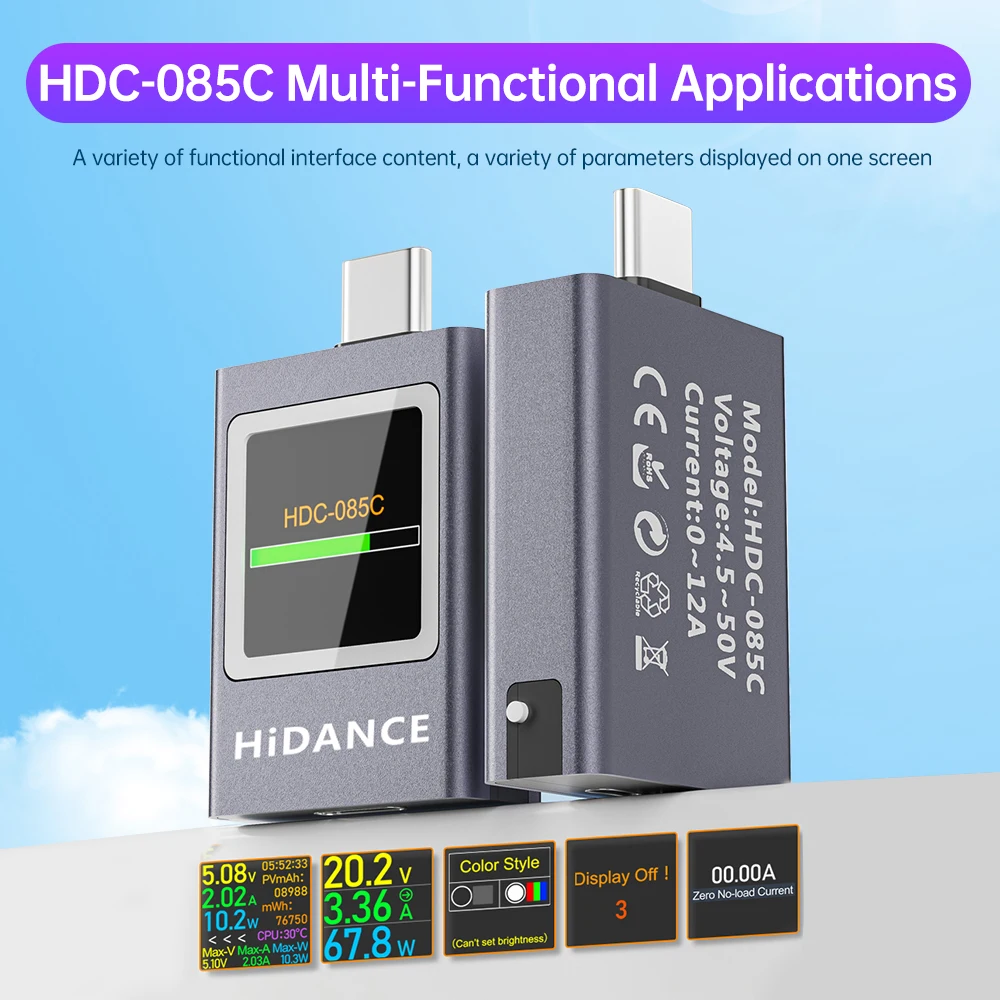 HDC-085C DC 4.5-50V 12A Voltmeter Multi-function Digital Display DC Voltage Ammeter Power Meter Type-c Cell Phone Charging Test