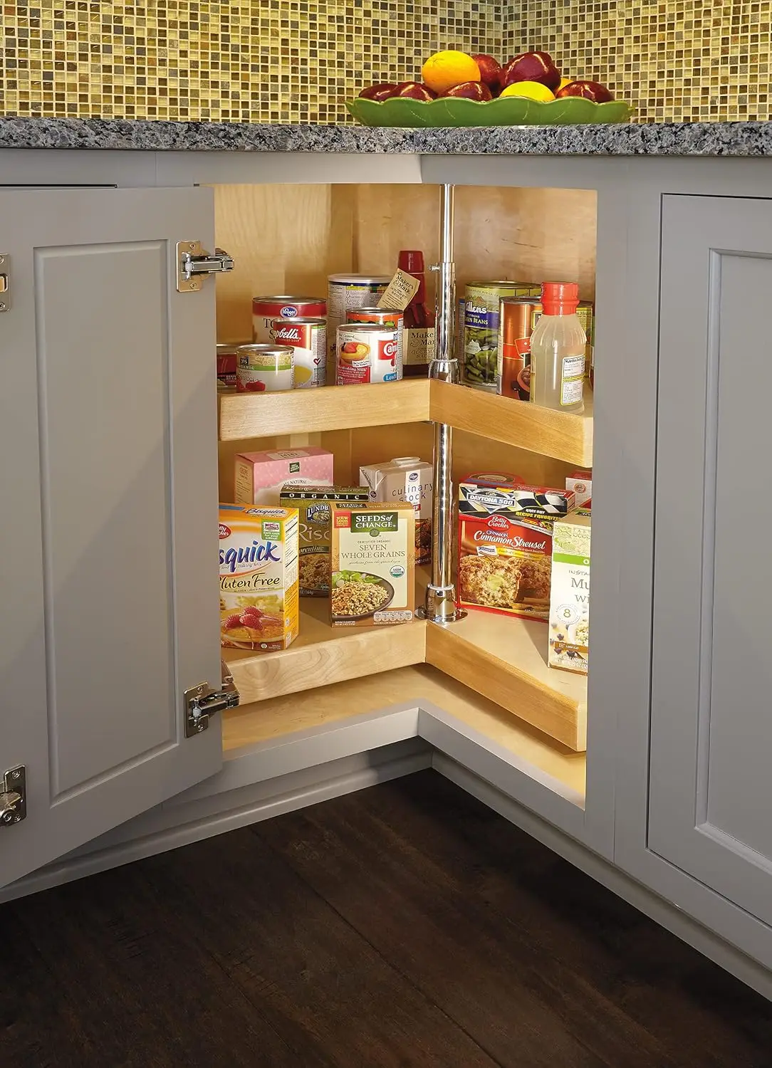 Kidney Shape Rev-A-Shelf 32 Inch Wooden Lazy Susan Turntable Storage Organizer for Kitchen Corner Cabinets