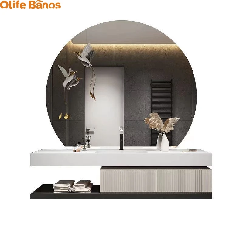 European Orange Green White Colors Fluted Shape Sintered Stone  Wall Mount Bathroom Vanity Cabinets with Smart Mirror Lights