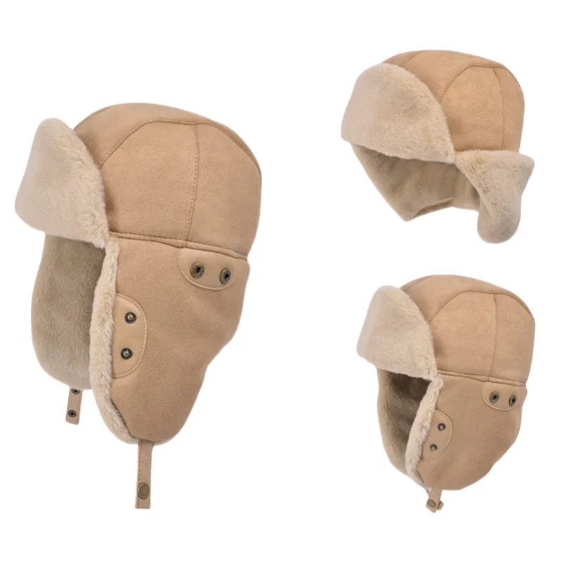 Unisex  Custom Waterproof Winter 3 in 1 Thermal Fur Lined Trapper Hat Warm Thick Fleece Lined Earflap Leather Snow Cossack Cap