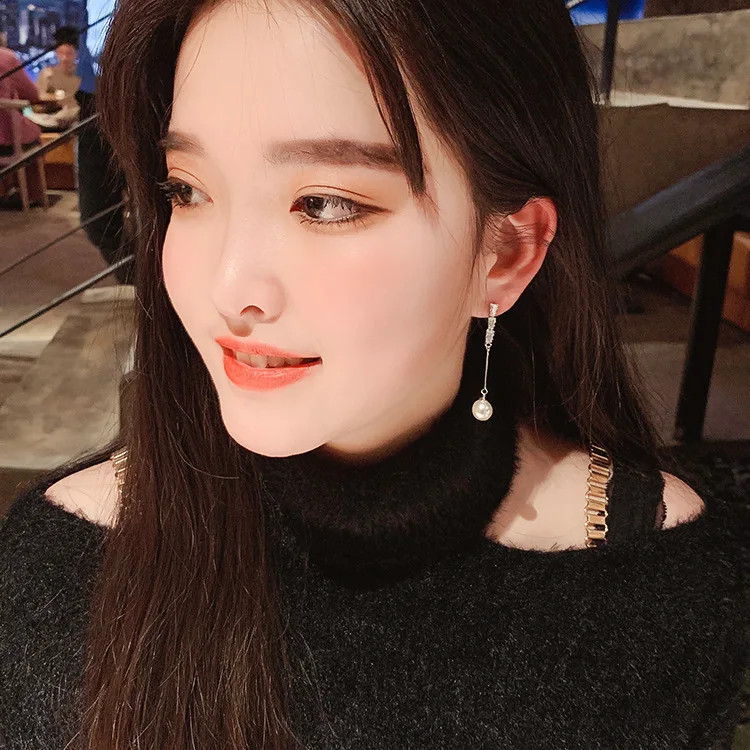  Jewelry 925 silver needle pearl long earrings female temperament celebrity Zircon Earrings simple