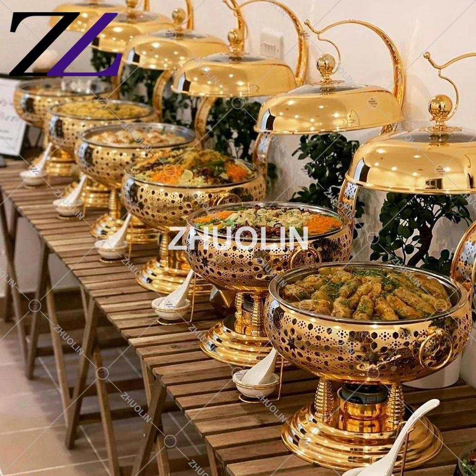 Wedding decor gold chaffing dishes en inox buffet catering stainless steel luxu chaffers chafing dish bain marie food warmer