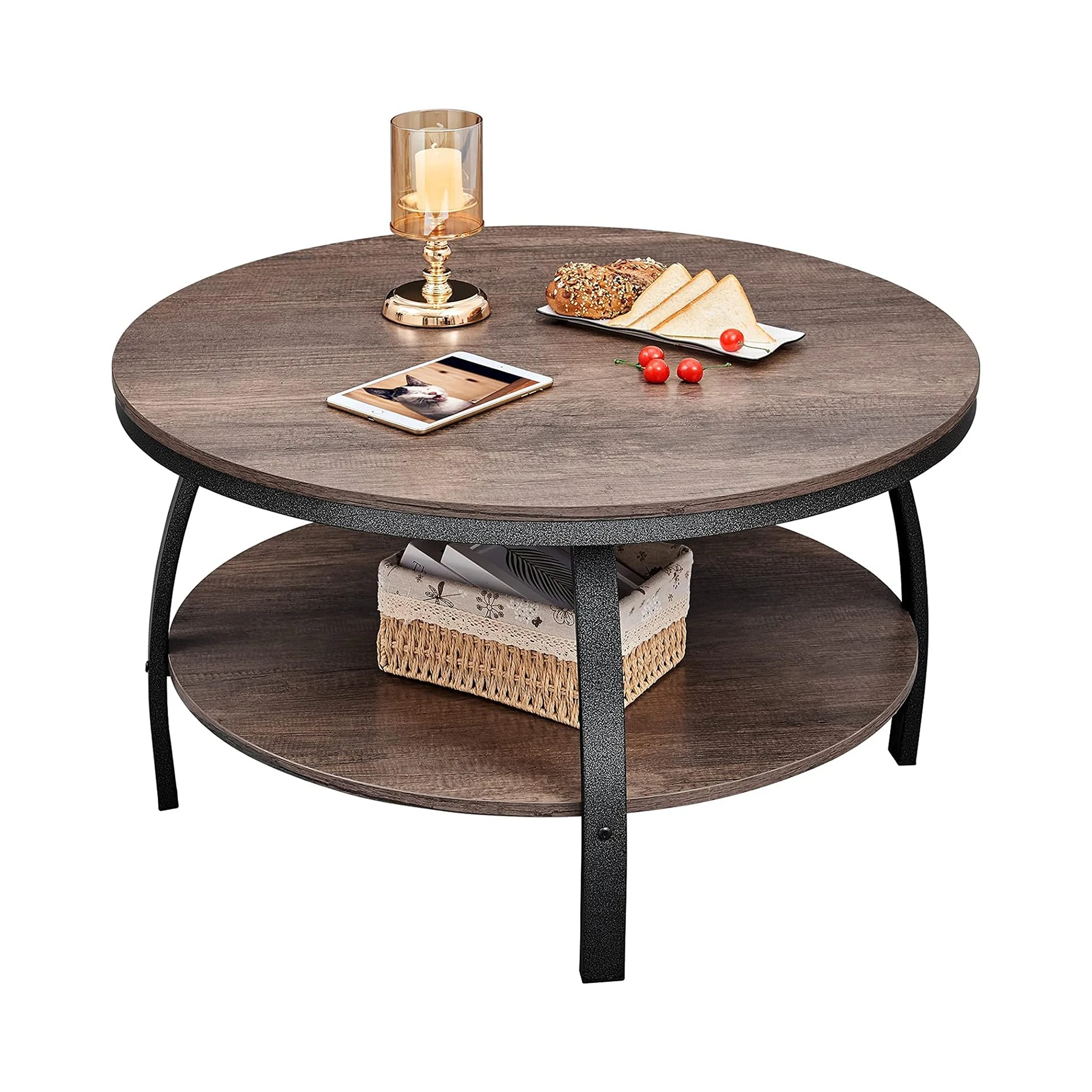 Wholesale Furniture Rustic Living Room Center Round MDF Wood Coffee Table with 2-Tier Storage Open Shelf