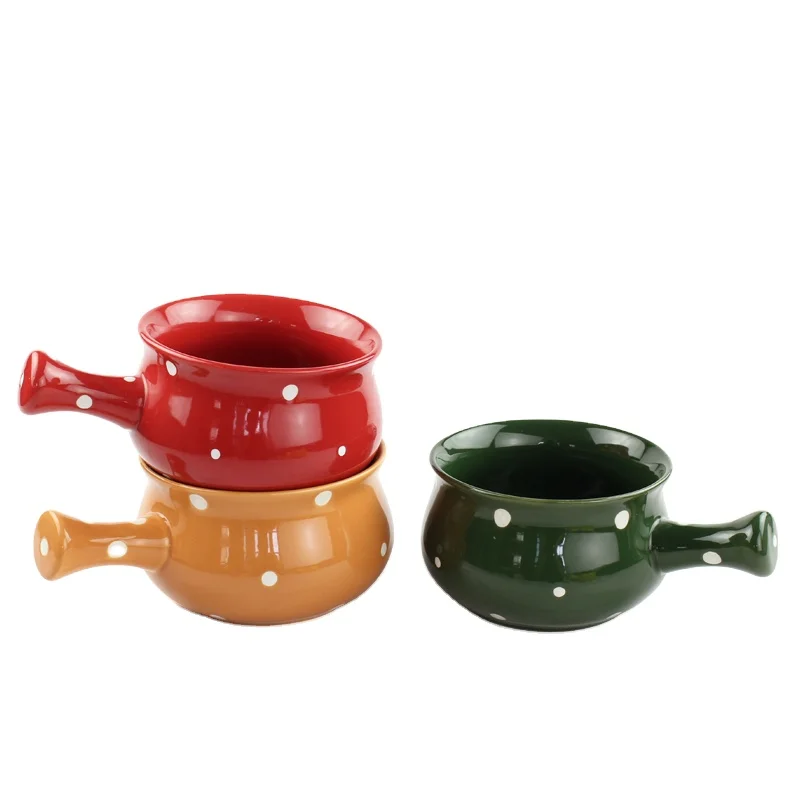 Creativity Stoneware Single Handle Breakfast Salad Bowls Bright Color Dot Design Ceramic Soup Bowl With Handle Oven Safe