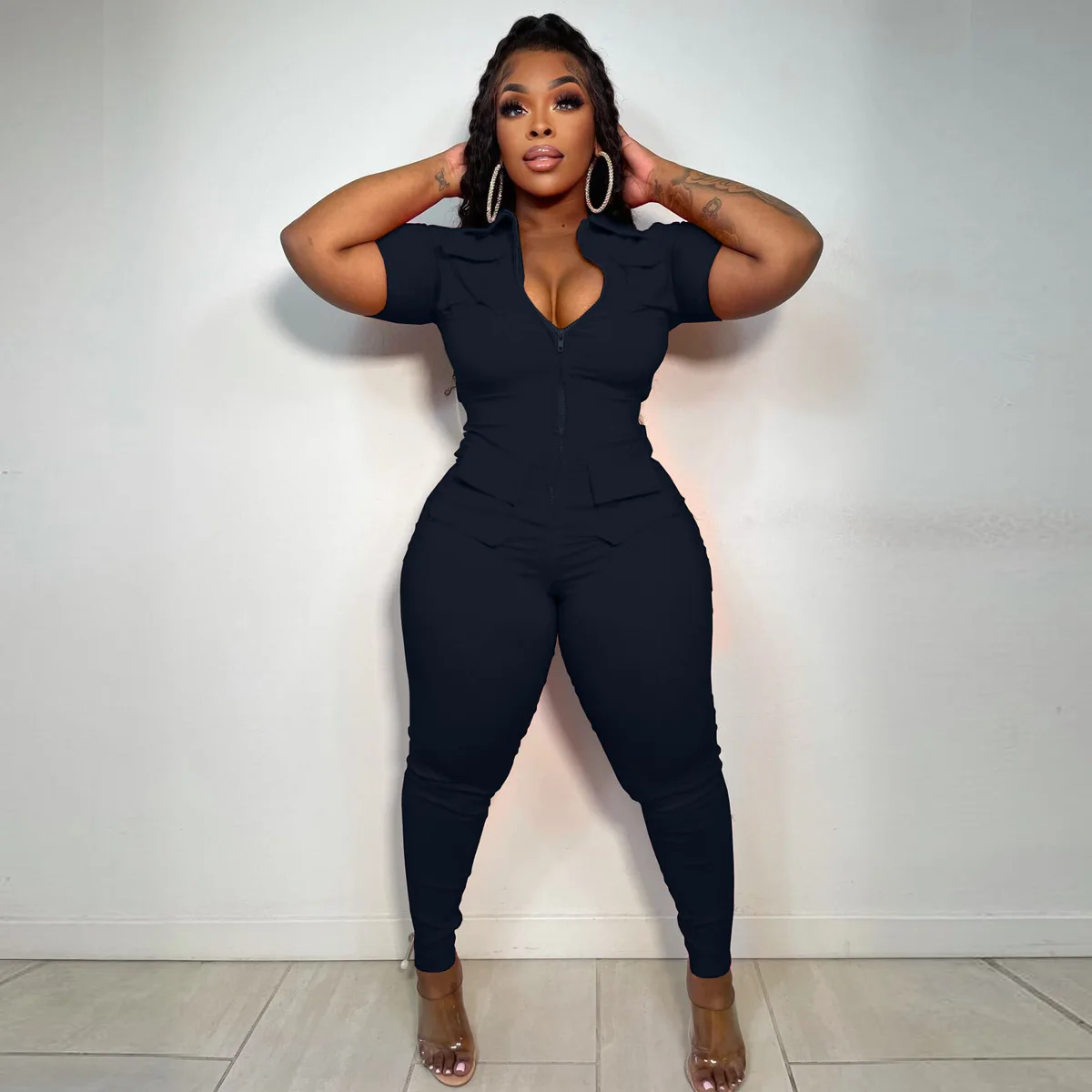 4x plus size jumpsuits with packet women playsuits with zipper Solid color short sleeve bodysuit