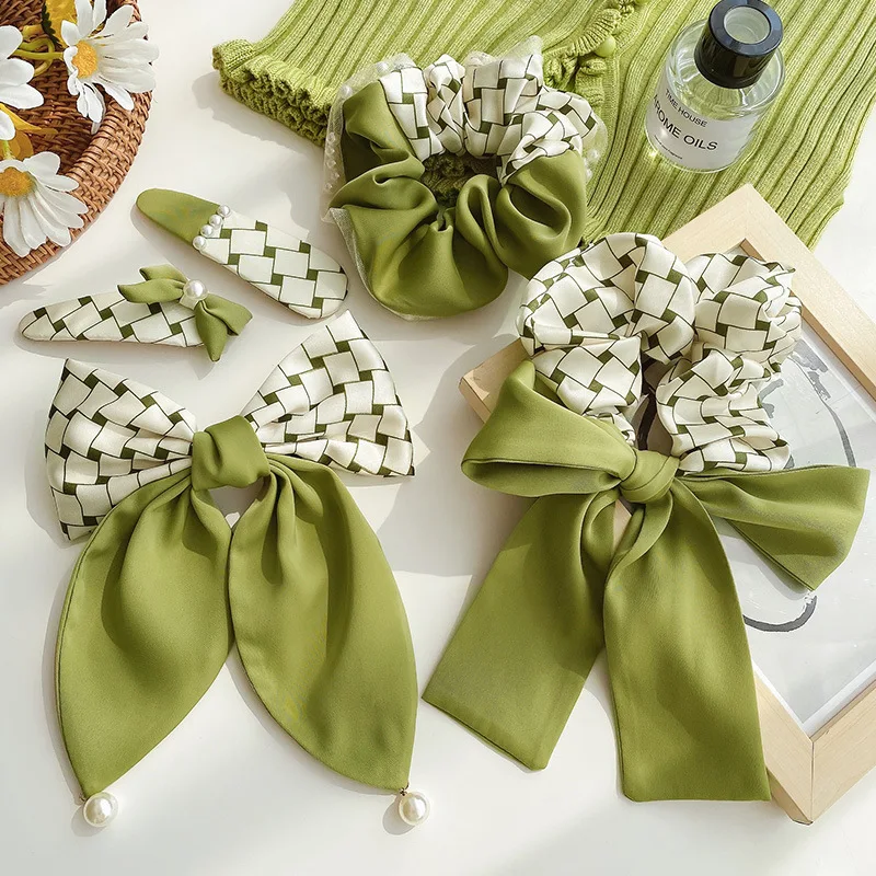 New Korea Style Simple Girl Hair Tie Cute Summer Green Flowers Fabric Bow Tie Hair Ropes for Women Fashion Hair Accessories