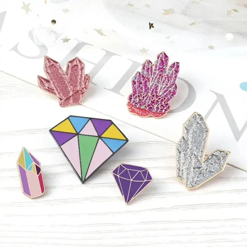 Women Exquisite Raw Ore Enamel Brooches Quartz Geometry Cartoon Diamond Lapel Pins Badges Shirts Bag Hats Pin Gifts for Kids